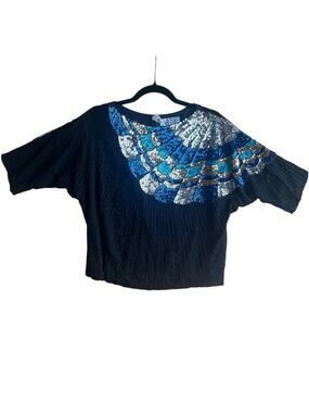 Shomax Vintage Women's SMALL 3/4 Sleeve Silk Retro Funky Glam Bead Sequin Black